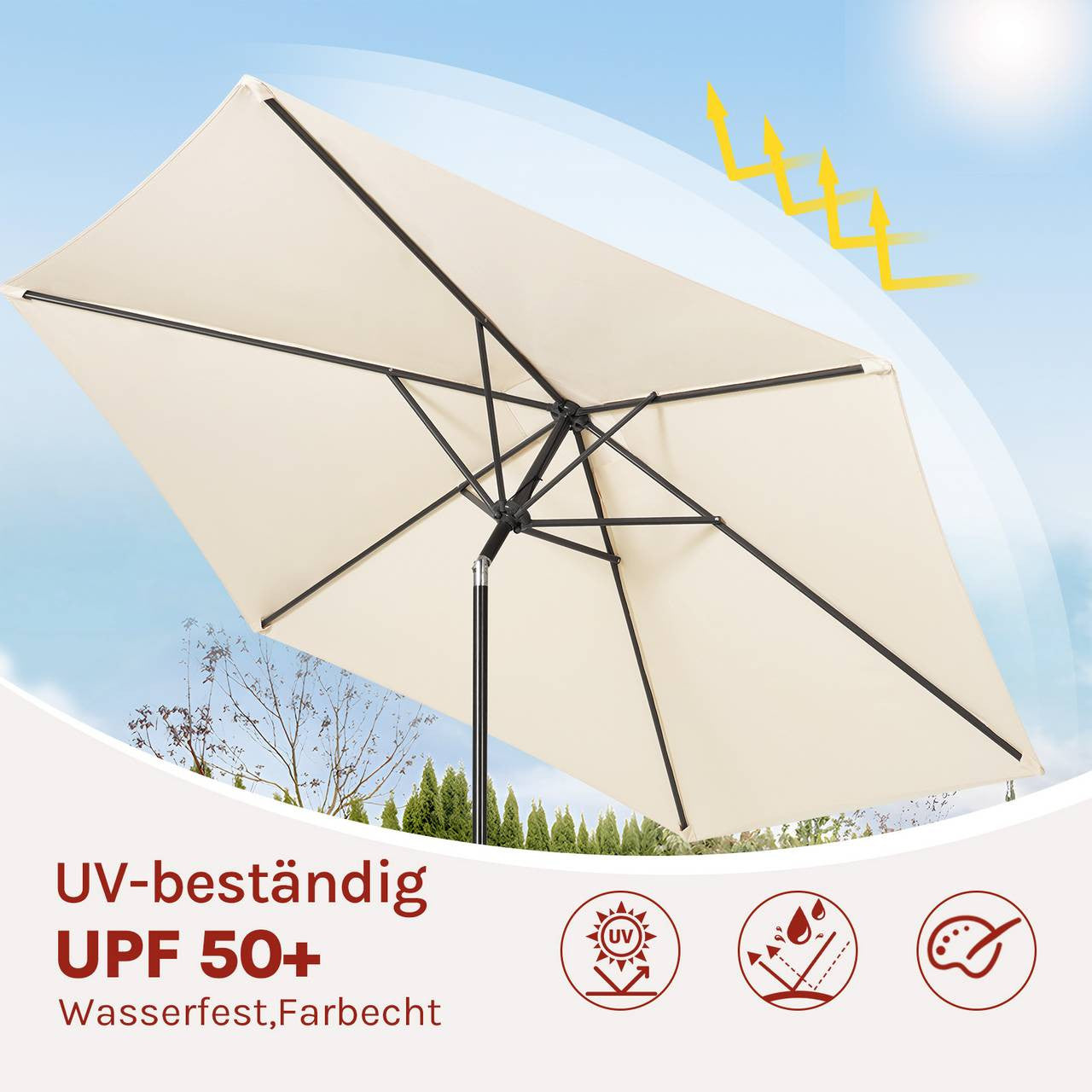 24goodz Parasol - UV-Resistant Protection - 45° Adjustable Tilt - Polyester - For Outdoor Activities - Beige 300 cm