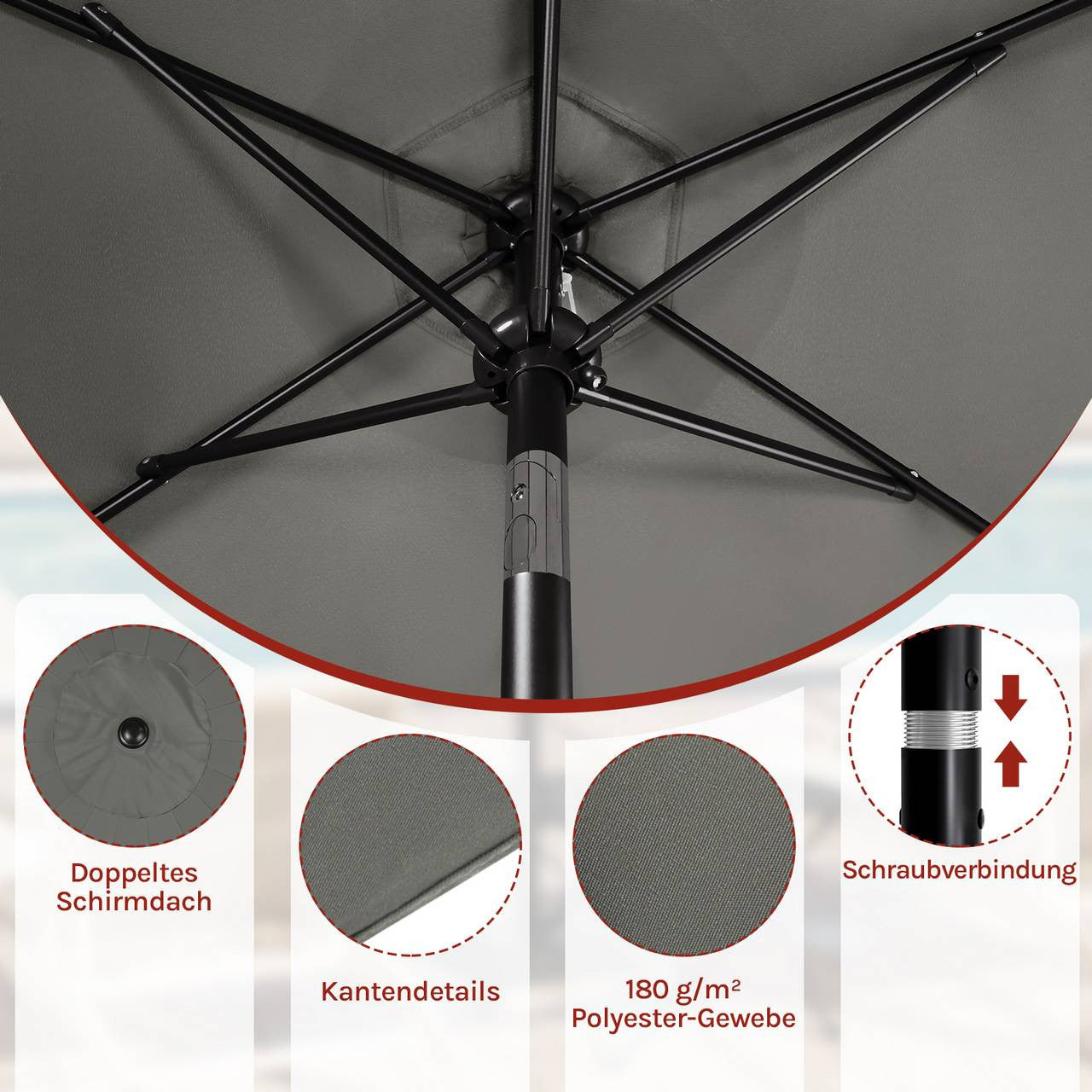 24goodz Garden Parasol - UV-Resistant Protection - 45° Adjustable Tilt - Polyester - Outdoor Enthusiasts - Dark Grey 300 cm