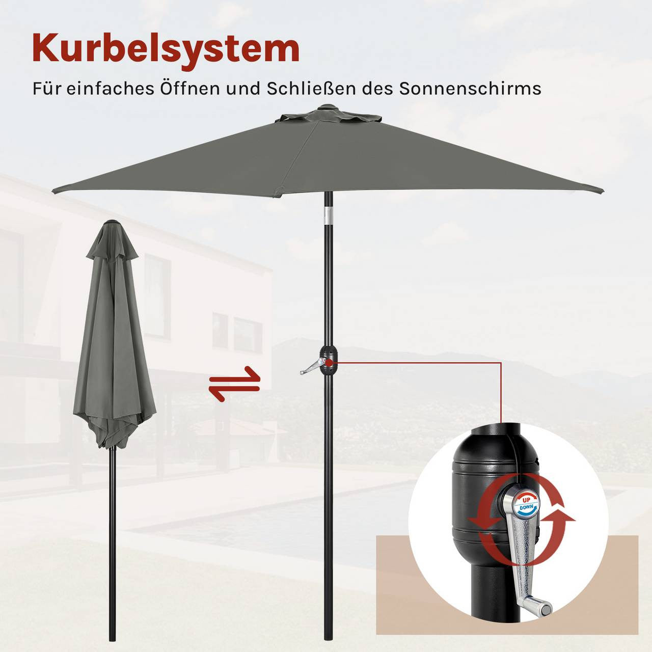 24goodz Garden Parasol - UV-Resistant Protection - 45° Adjustable Tilt - Polyester - For Outdoor Activities - Dark Grey 270 cm