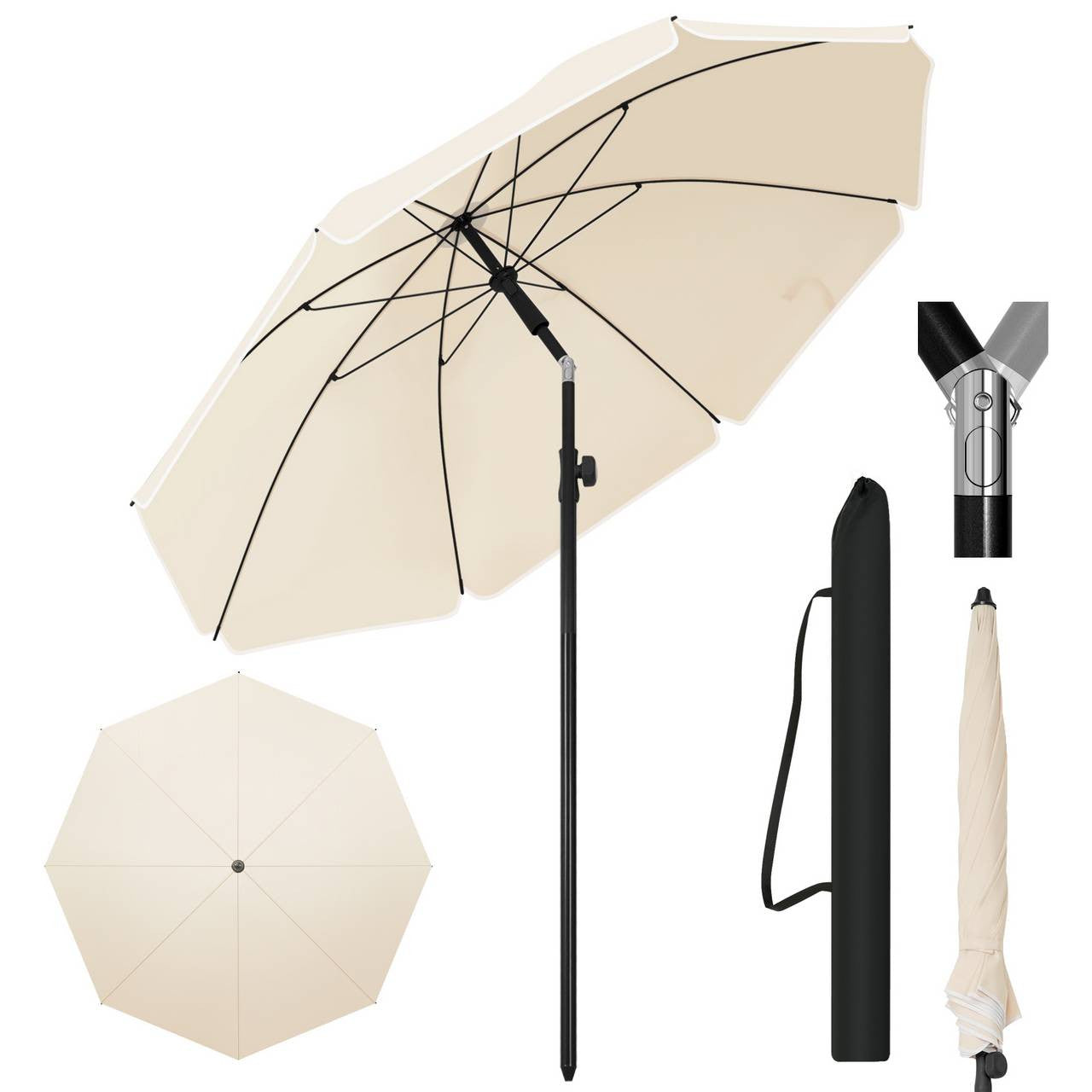 24goodz Beach Parasol - UV-Resistant Protection - Adjustable Height and Angle - 180 g/m² Polyester - For Outdoor Activities - Beige 155 cm
