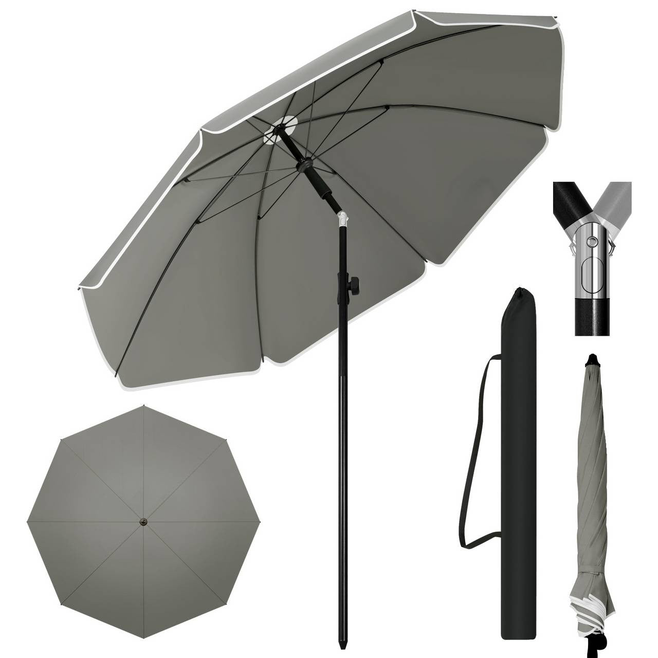 24goodz Outdoor Parasol - UV-Resistant Protection - Adjustable Height and Angle - 180 g/m² Polyester - For Outdoor Activities - Dark Grey - 155 cm