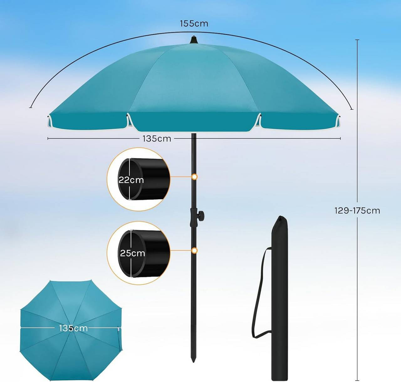 24goodz Parasol - UV-Resistant Sun Protection - Adjustable Height and Angle - 180g/m² Polyester - For Outdoor Activities - Blue - 135 cm