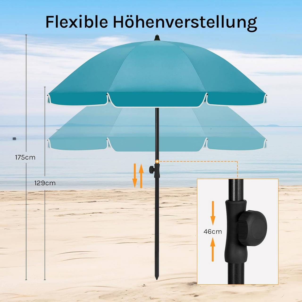24goodz Parasol - UV-Resistant Sun Protection - Adjustable Height and Angle - 180g/m² Polyester - For Outdoor Activities - Blue - 135 cm