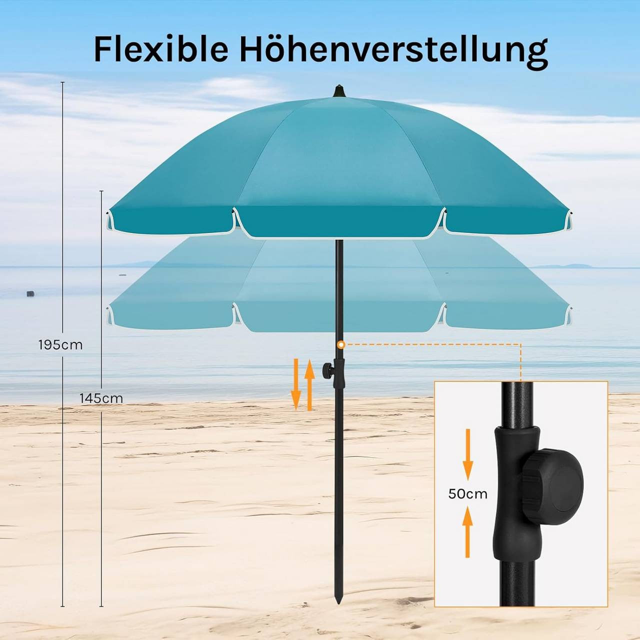 24goodz Parasol - UV-Resistant Sun Protection - Adjustable Height and Angle - 180g/m² Polyester - For Outdoor Activities - Blue - 155 cm