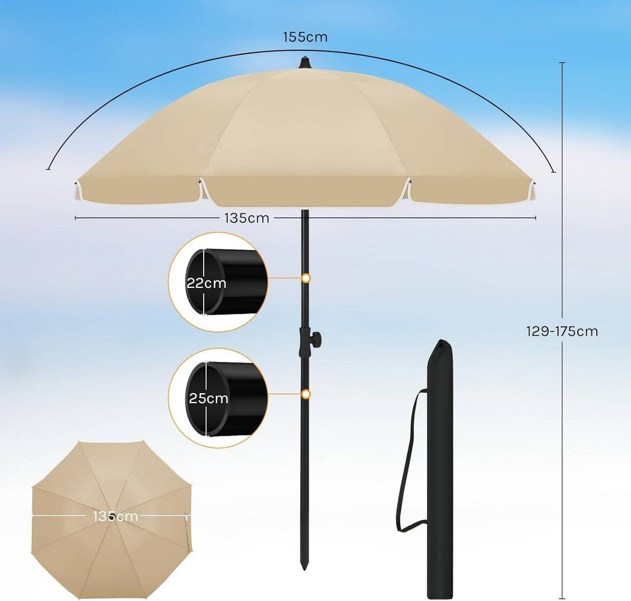 24goodz Parasol - UV-Resistant Protection - Adjustable Height and Angle - 180 g/m² Polyester - For Outdoor Activities - Taupe 135 cm