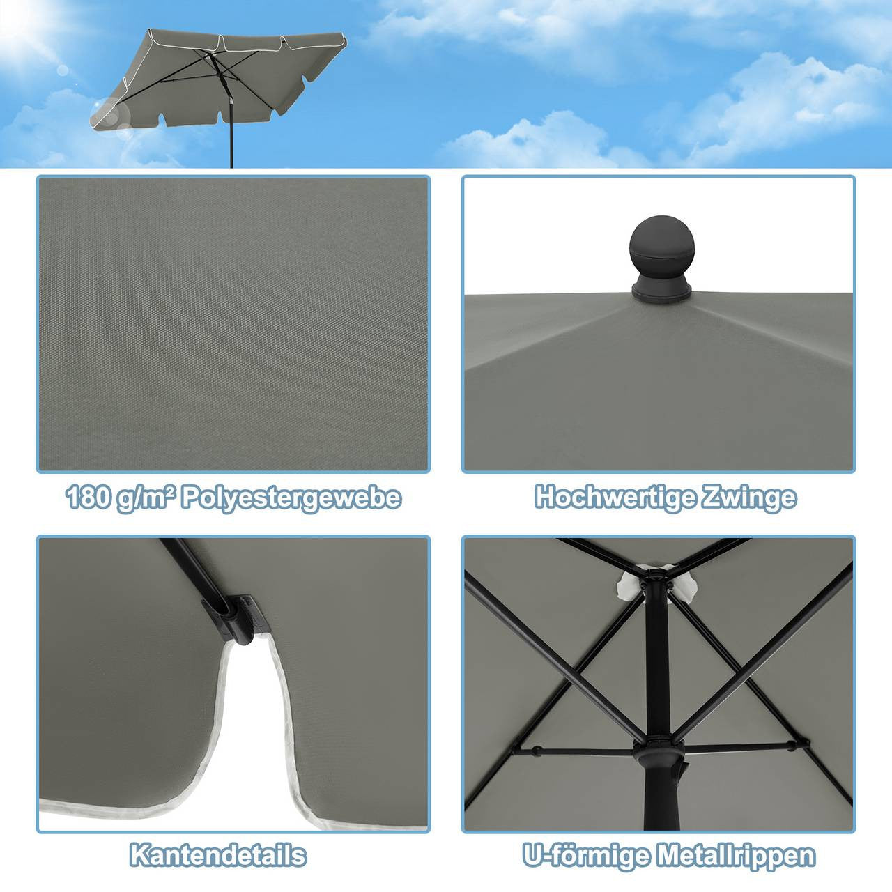 24goodz Rectangular Parasol - UV-Resistant Protection - Adjustable Height and Angle - 180 g/m² Polyester - For Outdoor Activities - Dark Grey