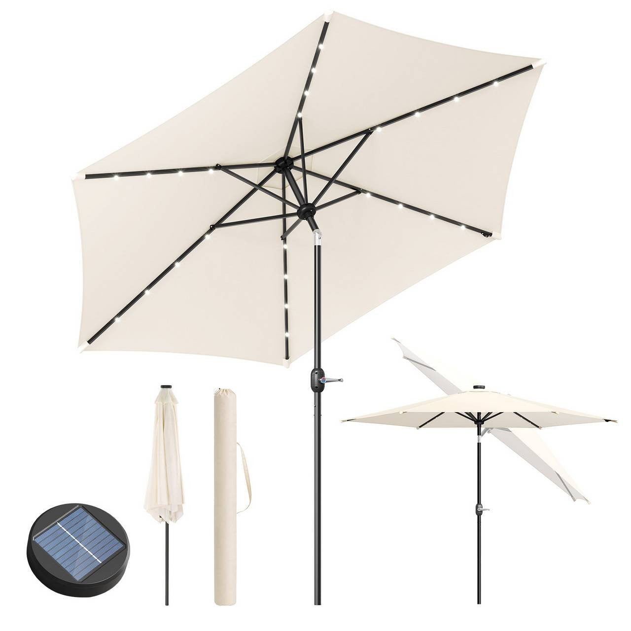 24goodz Solar LED Parasol - Adjustable Tilt for Optimal Shade - Durable Polyester - For Outdoor Relaxation - Beige/Dark Grey