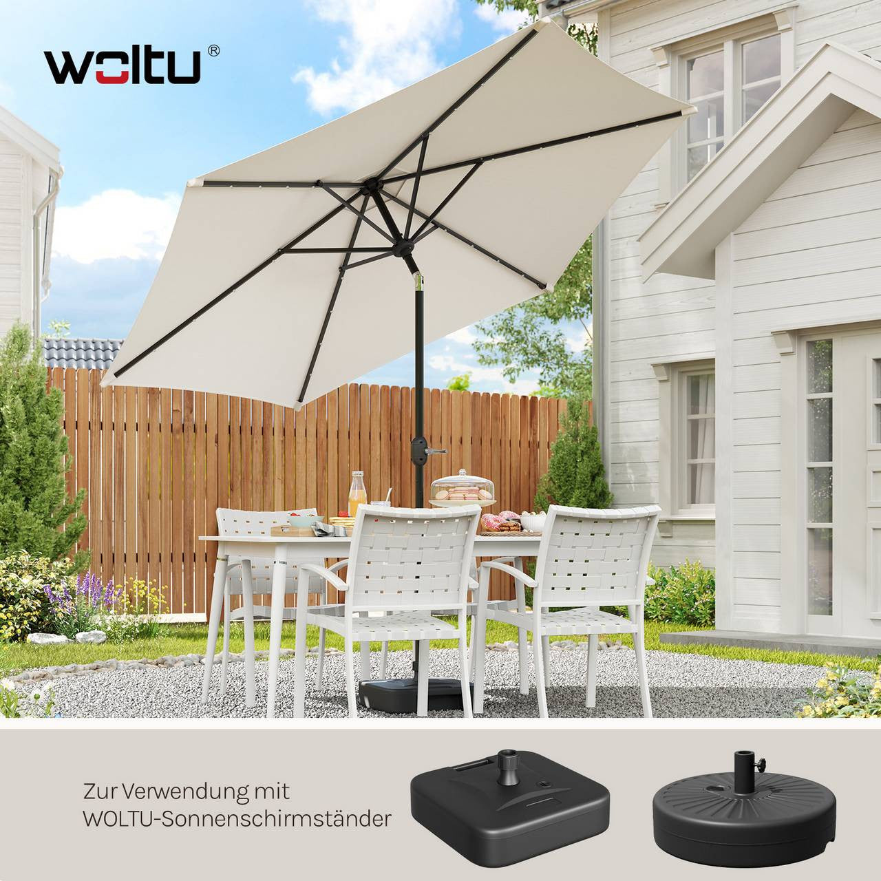 24goodz Solar LED Parasol - Adjustable Tilt for Optimal Shade - Durable Polyester - For Outdoor Relaxation - Beige/Dark Grey