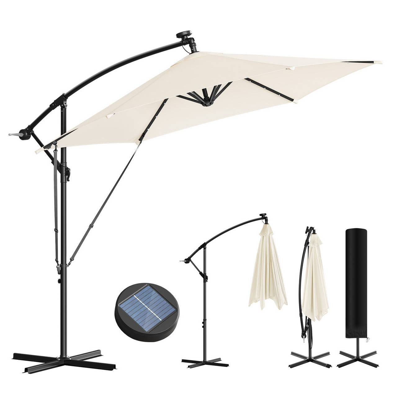 24goodz Parasol - 360° Rotatable - Solar-Powered LED Lighting - Polyester - For Outdoor Use - Beige/Dark Grey