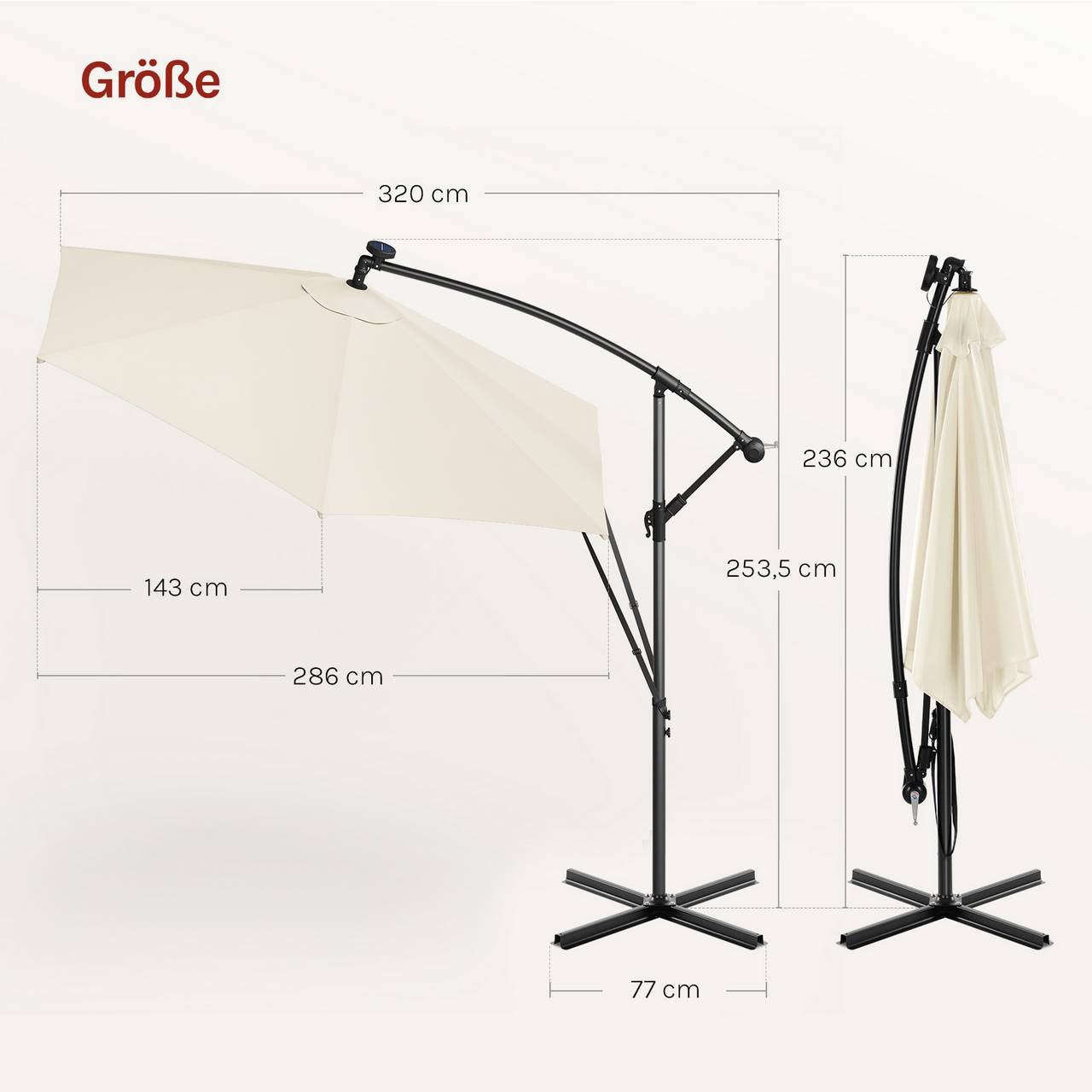 24goodz Parasol - 360° Rotatable - Solar-Powered LED Lighting - Polyester - For Outdoor Use - Beige/Dark Grey