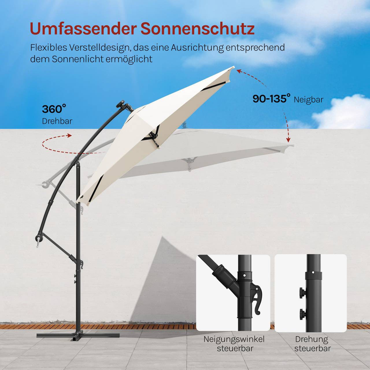 24goodz Parasol - 360° Rotatable - Solar-Powered LED Lighting - Polyester - For Outdoor Use - Beige/Dark Grey