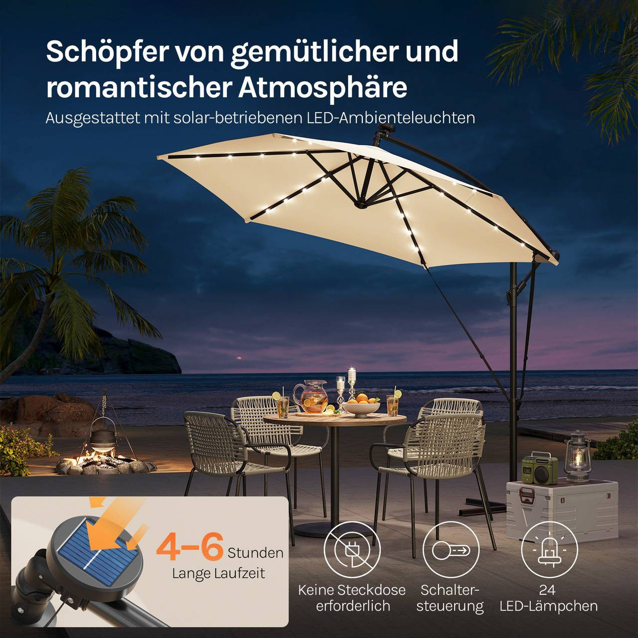 24goodz Parasol - 360° Rotatable - Solar-Powered LED Lighting - Polyester - For Outdoor Use - Beige/Dark Grey