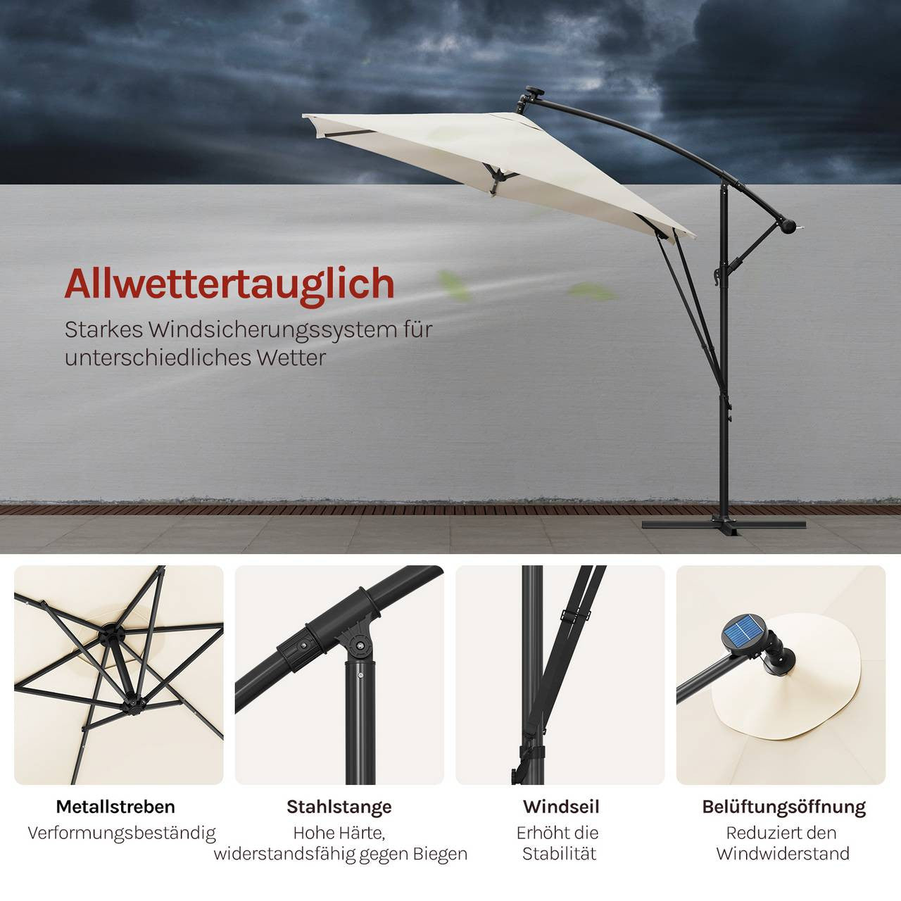 24goodz Parasol - 360° Rotatable - Solar-Powered LED Lighting - Polyester - For Outdoor Use - Beige/Dark Grey