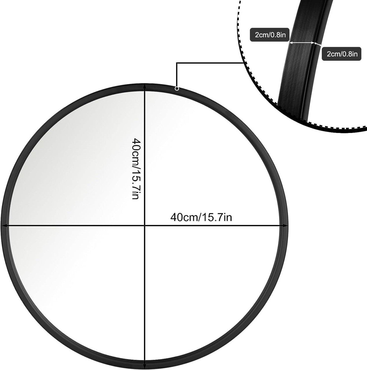 24goodz Round Wall Mirror - Crystal Clear Reflection - Minimalist and Luxurious Design - Glass + MDF - Black - 40 cm