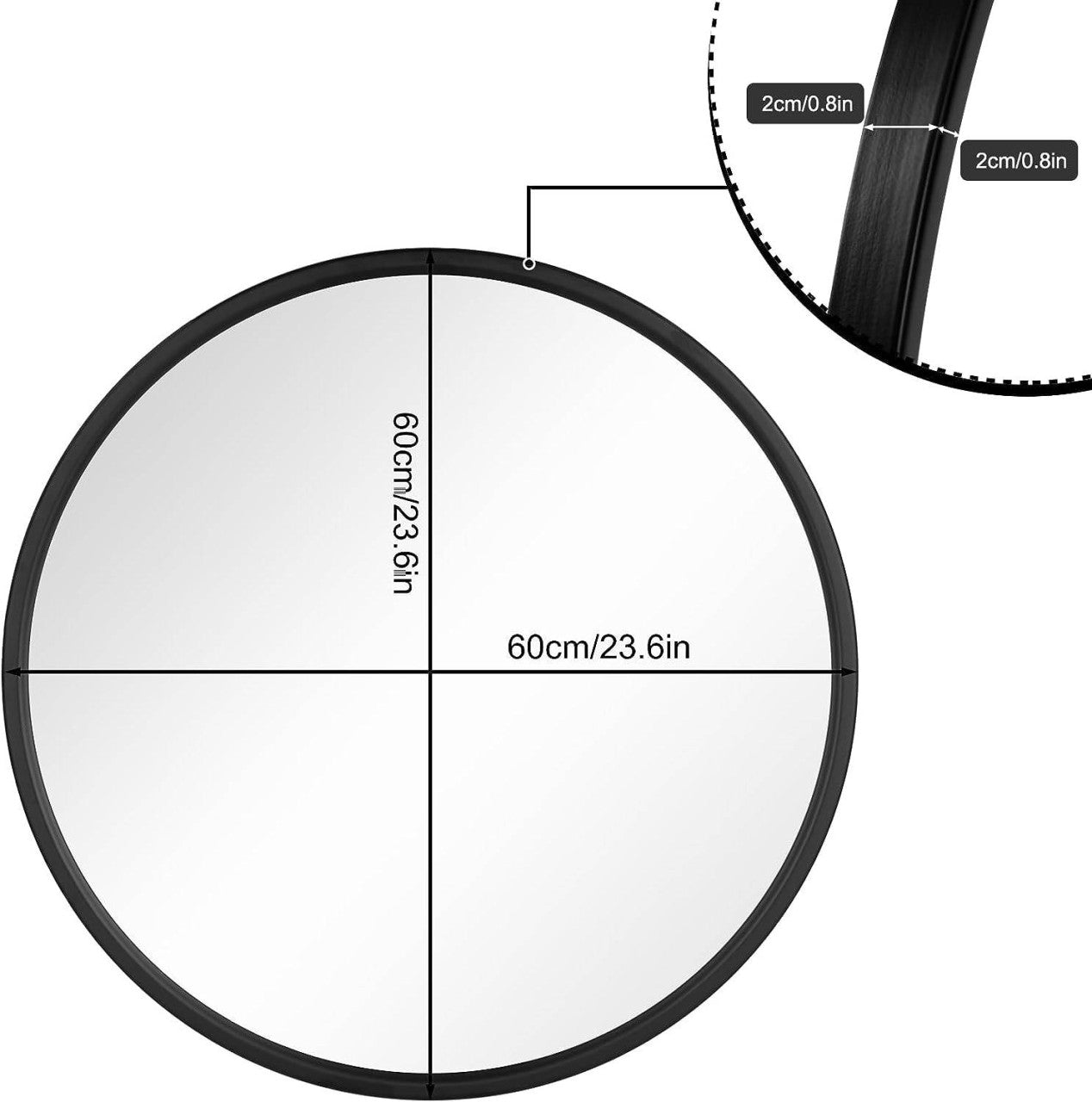 24goodz Round Wall Mirror - Crystal Clear Reflection - Minimalist and Luxurious Design - Glass and MDF - Black - 60 cm