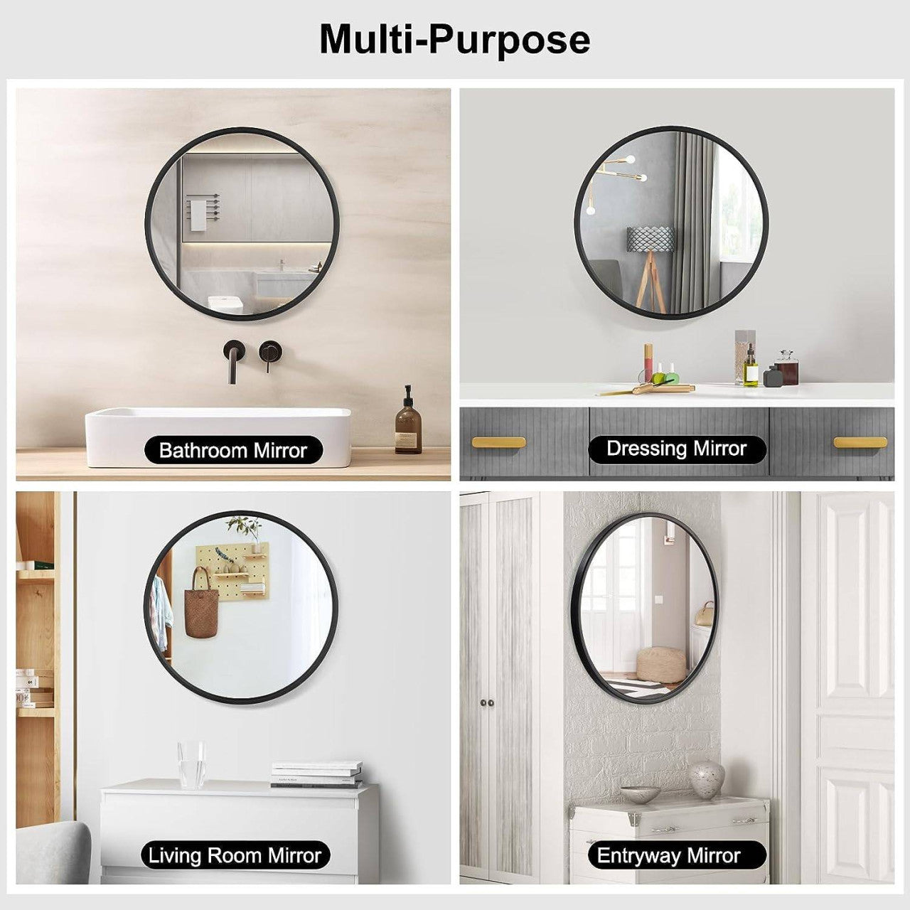 24goodz Round Wall Mirror - Crystal Clear Reflection - Minimalist and Luxurious Design - Glass and MDF - Black - 60 cm