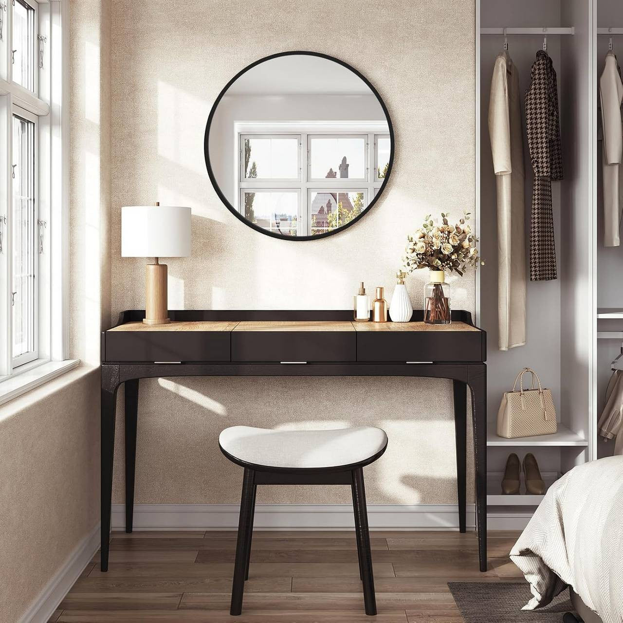 24goodz Round Wall Mirror - Crystal Clear Reflection - Minimalist and Luxurious Design - Glass and MDF - Black - 81 cm
