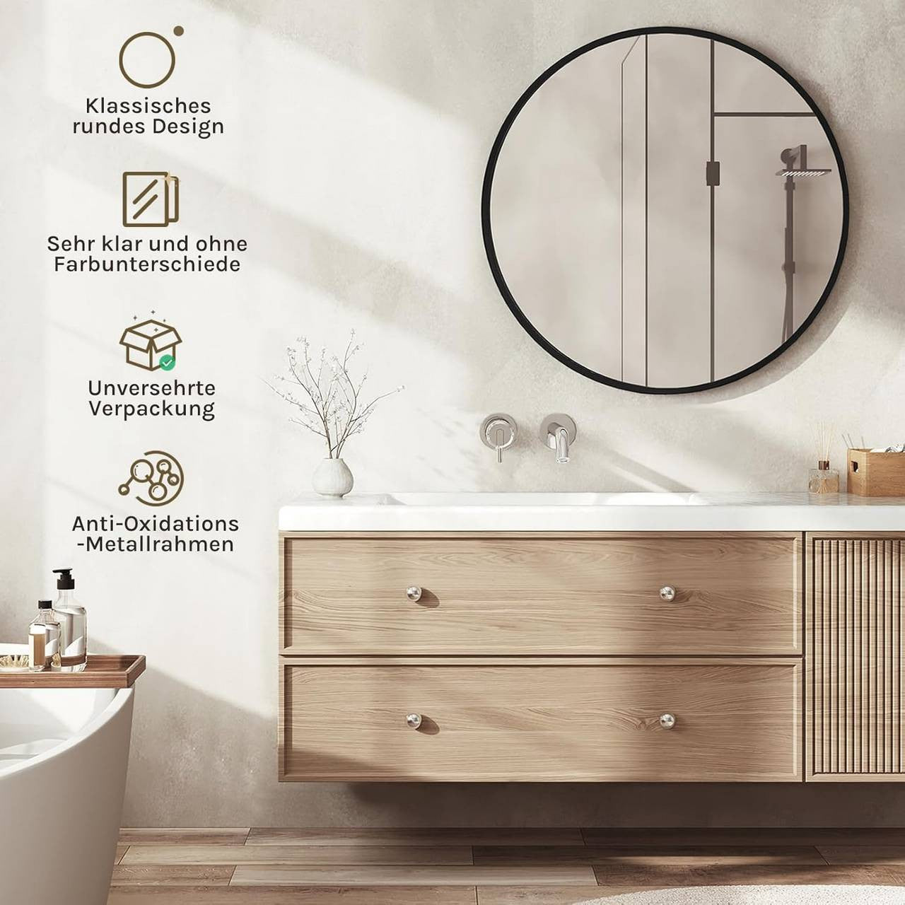 24goodz Round Wall Mirror - Crystal Clear Reflection - Minimalist and Luxurious Design - Glass and MDF - Black - 81 cm