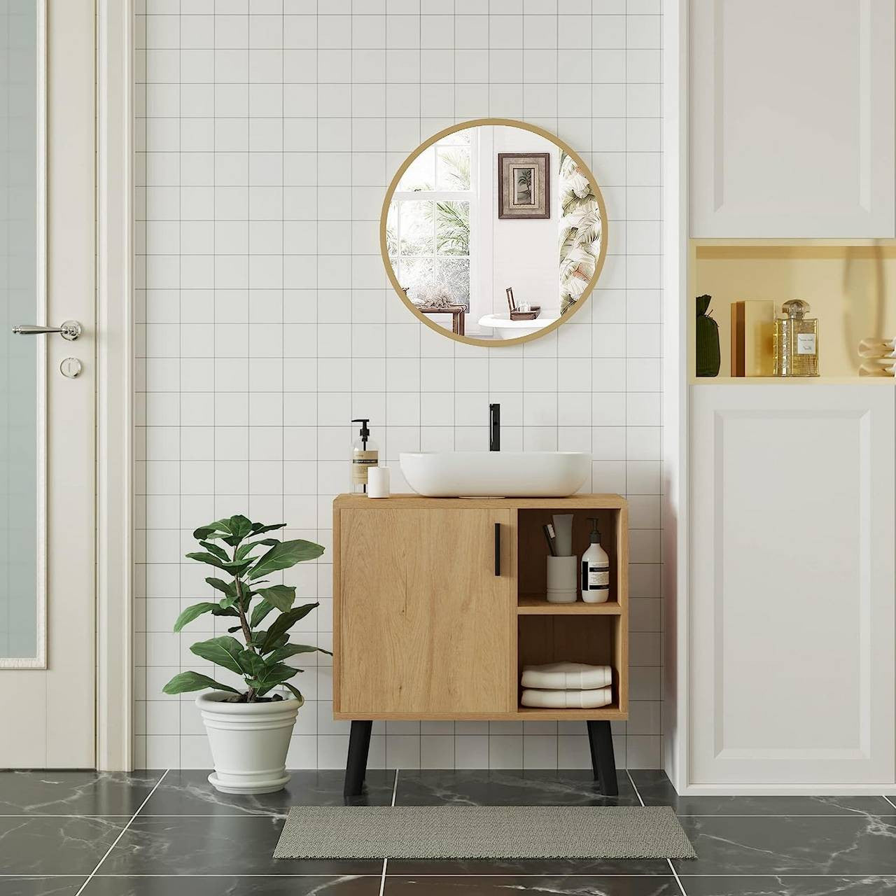 24goodz Round Wall Mirror - Crystal Clear Reflection - Minimalist and Luxurious Design - Glass and MDF - Black - 50 cm - gd