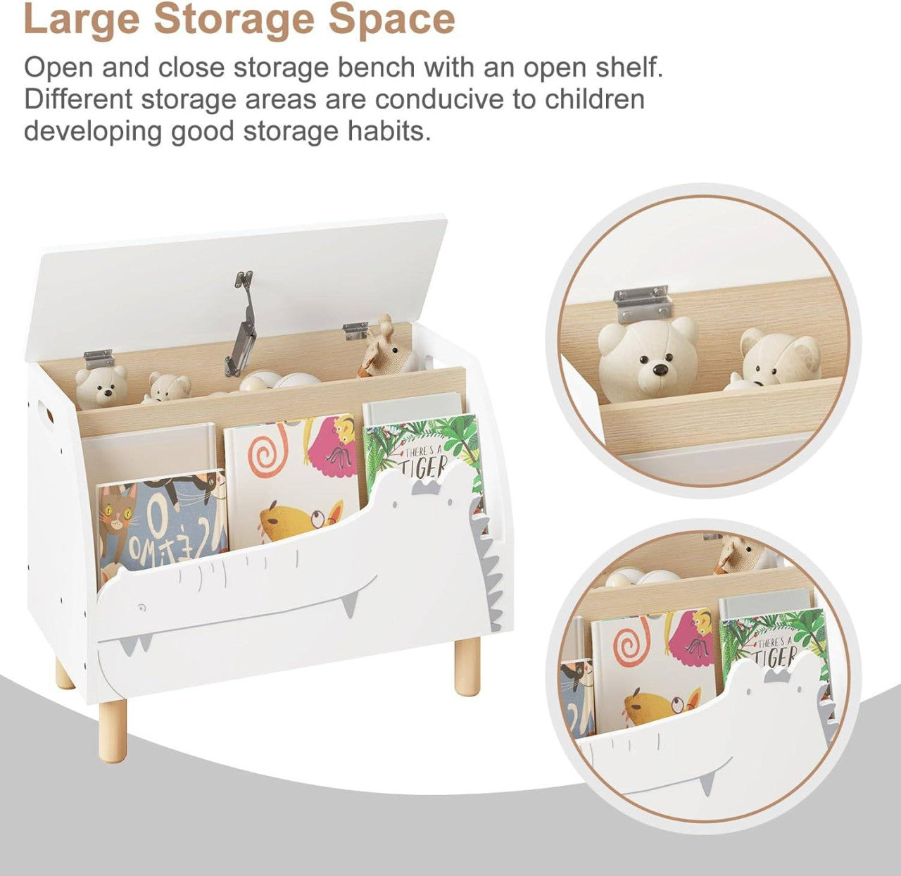24goodz Toy Chest and Bench with Storage - Safe Design - Multi-Purpose - MDF - For Children - White