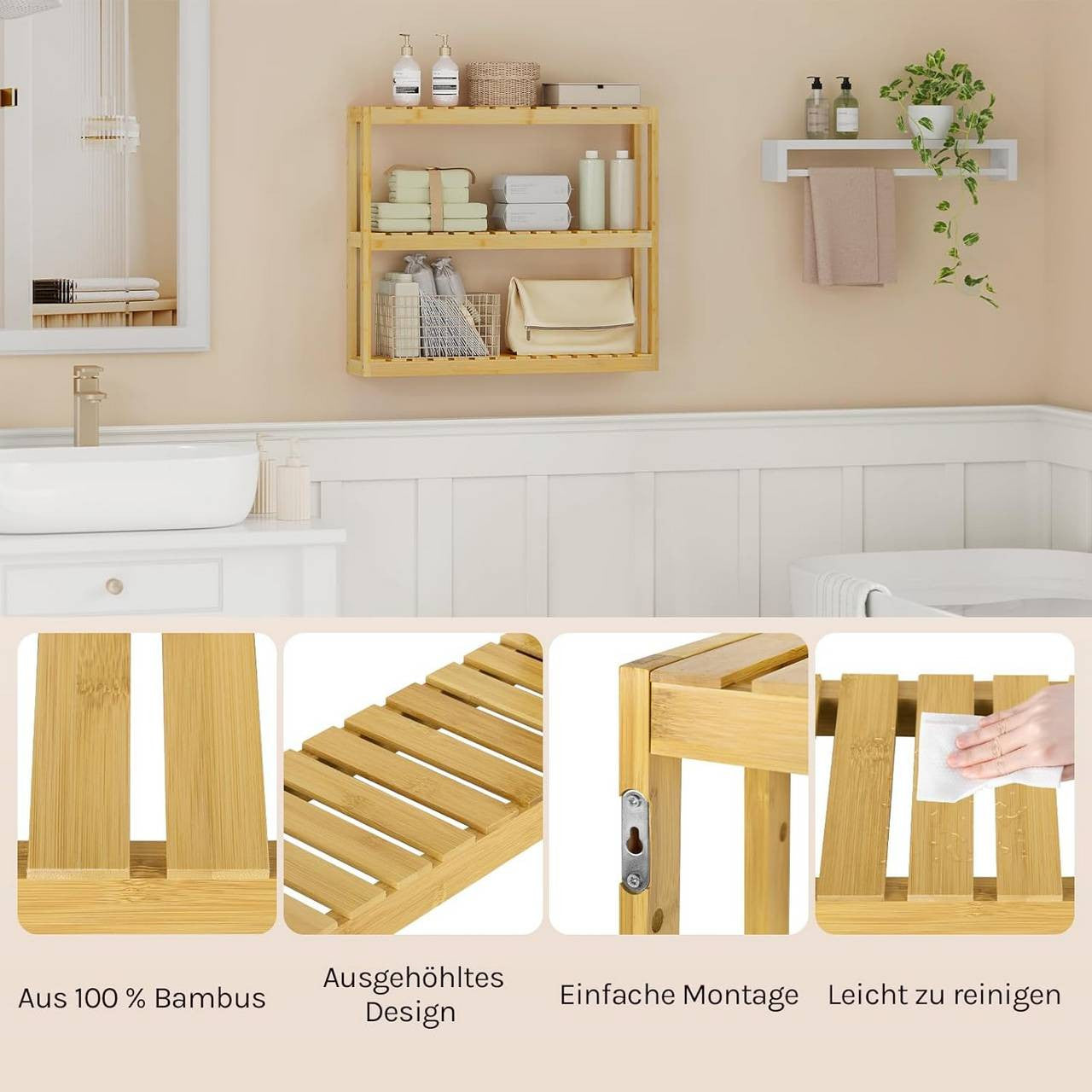 24goodz Bamboo Wall Shelf - Adjustable and Versatile - Moisture Resistant - For Adults - 62x54.2x15 cm