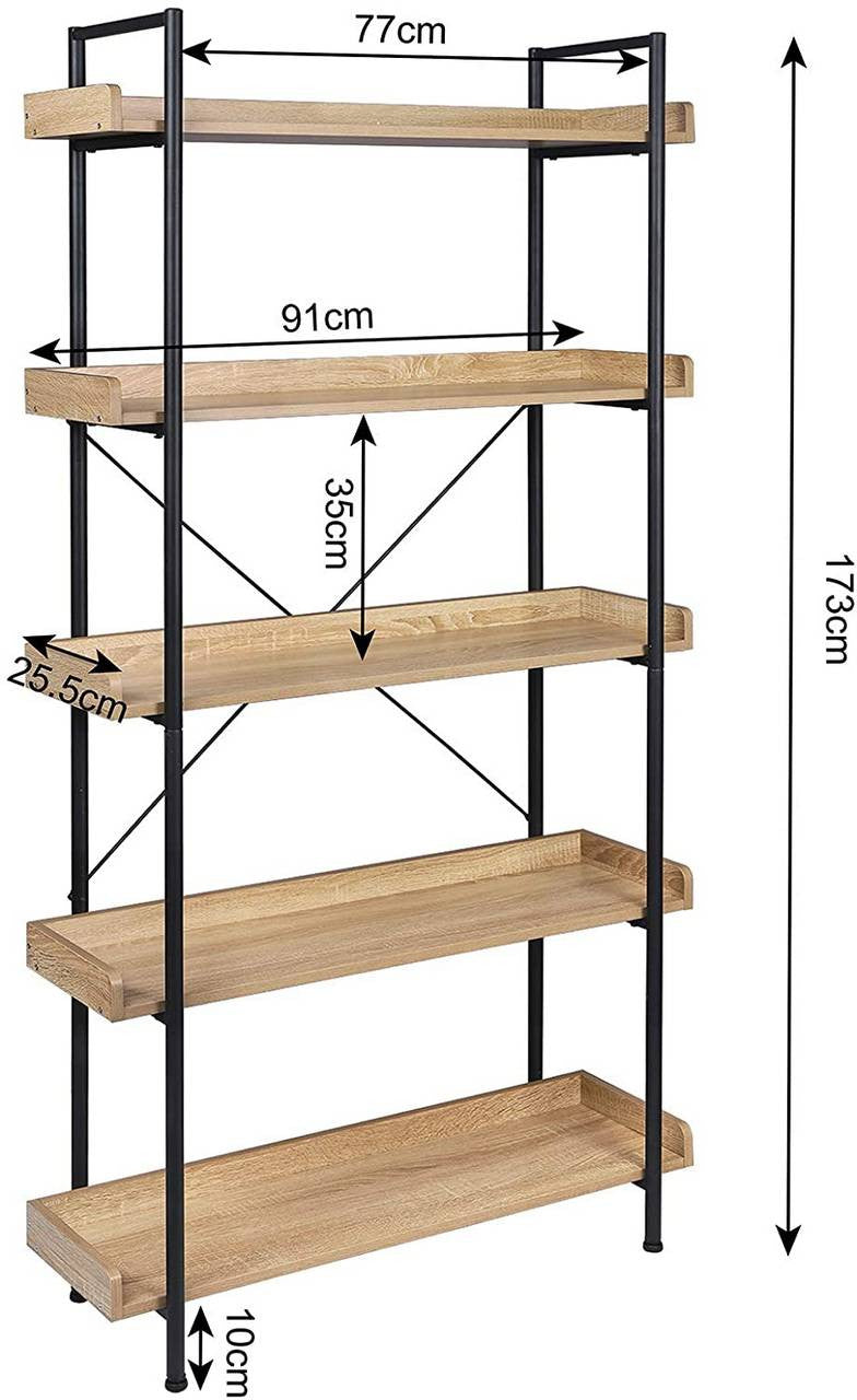 24goodz Standing Shelf with 5 Shelves - Modern and Sturdy Design - MDF + Metal - For Every Room - Light Oak - hei