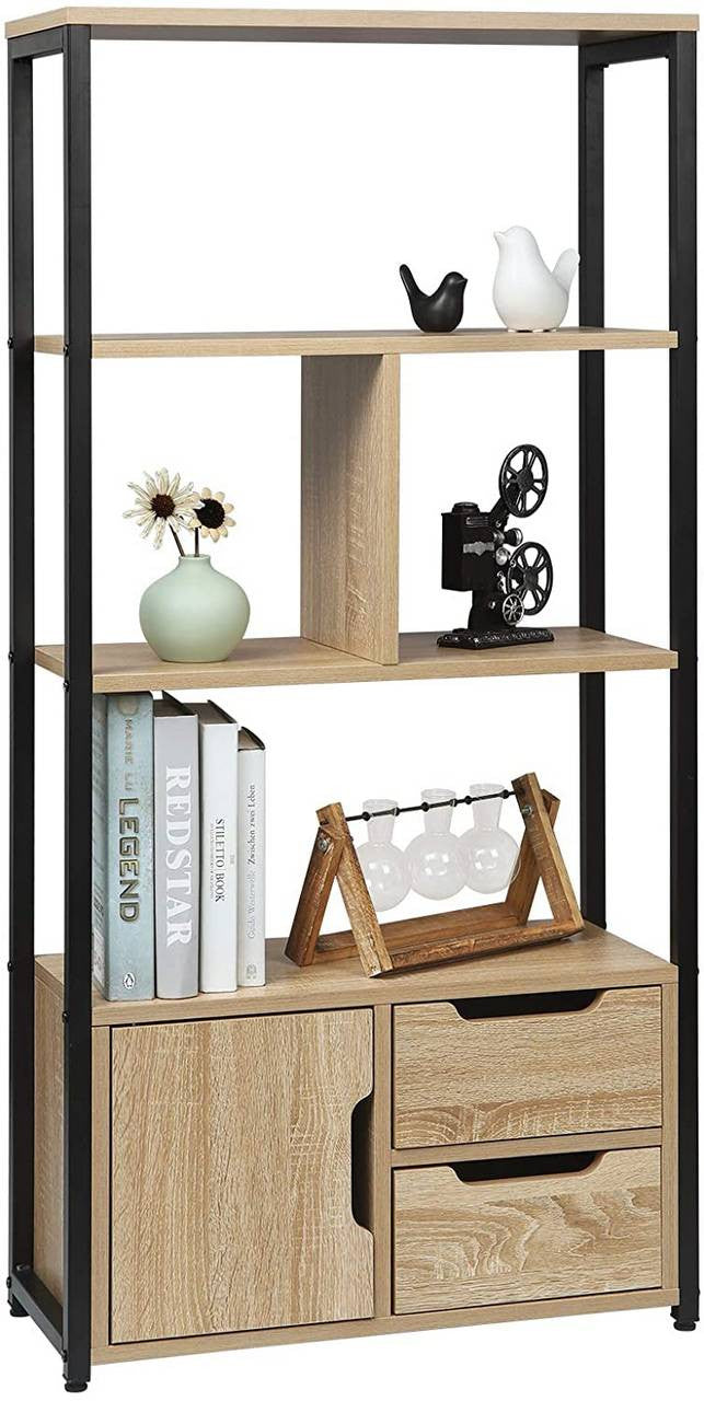 24goodz Bookcase with Cabinet - Elegant Industrial Style - Sturdy Metal Frame - MDF - For Home and Office - Light Oak - hei