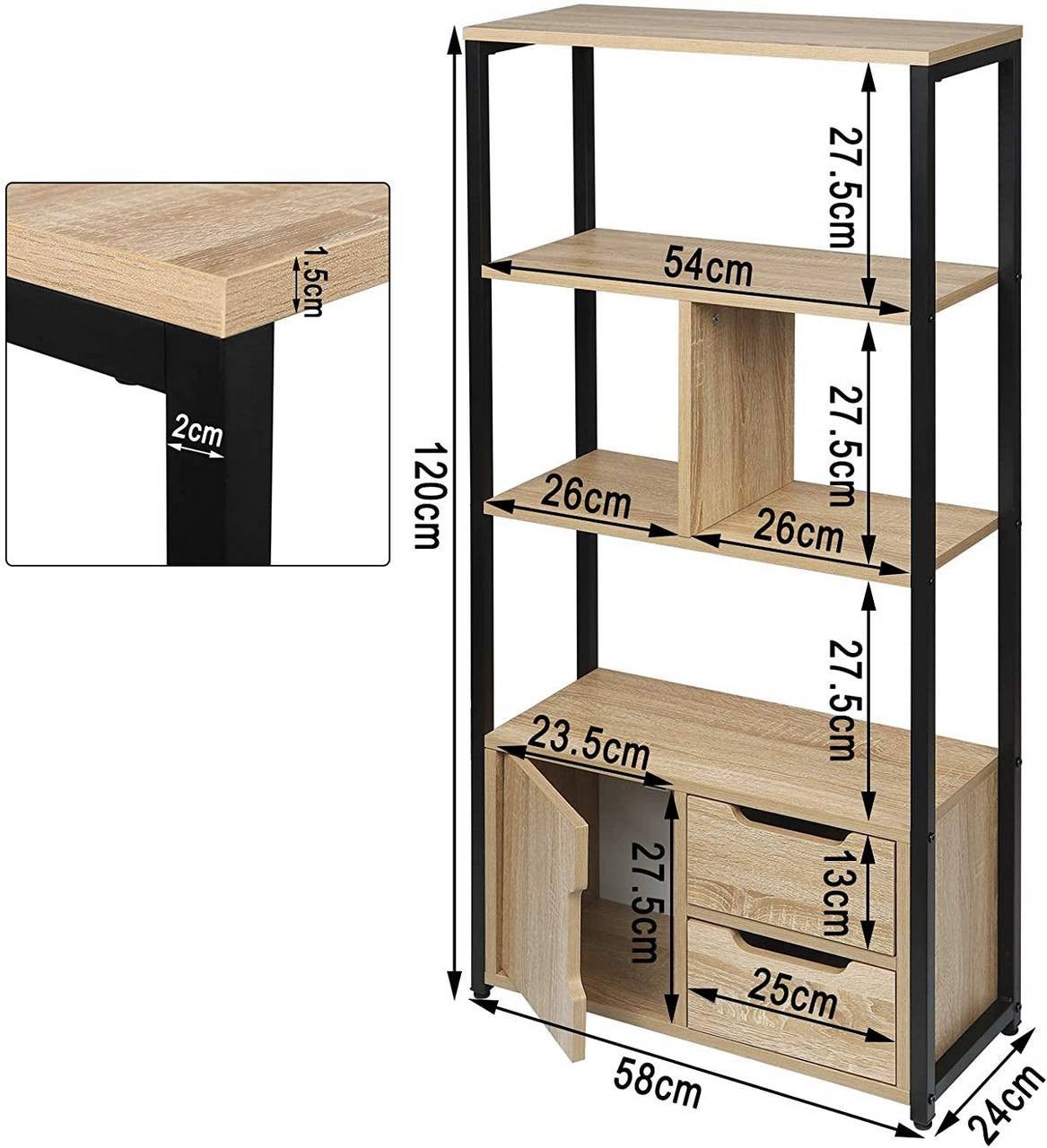 24goodz Bookcase with Cabinet - Elegant Industrial Style - Sturdy Metal Frame - MDF - For Home and Office - Light Oak - hei