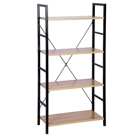24goodz Standing Shelf Bookcase - Sturdy Metal Frame - Easy to Assemble - MDF - For Home & Office - Black + Light Oak - hei