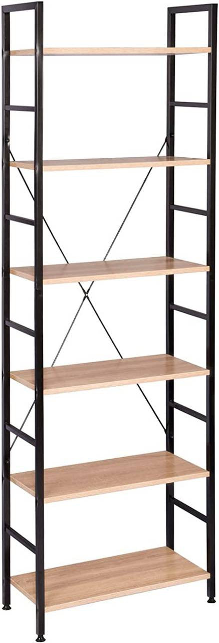 24goodz Standing Shelf - Spacious 6-Tier Design - Durable MDF and Metal - For Home Organization - Black Frame with Oak Shelves - hei
