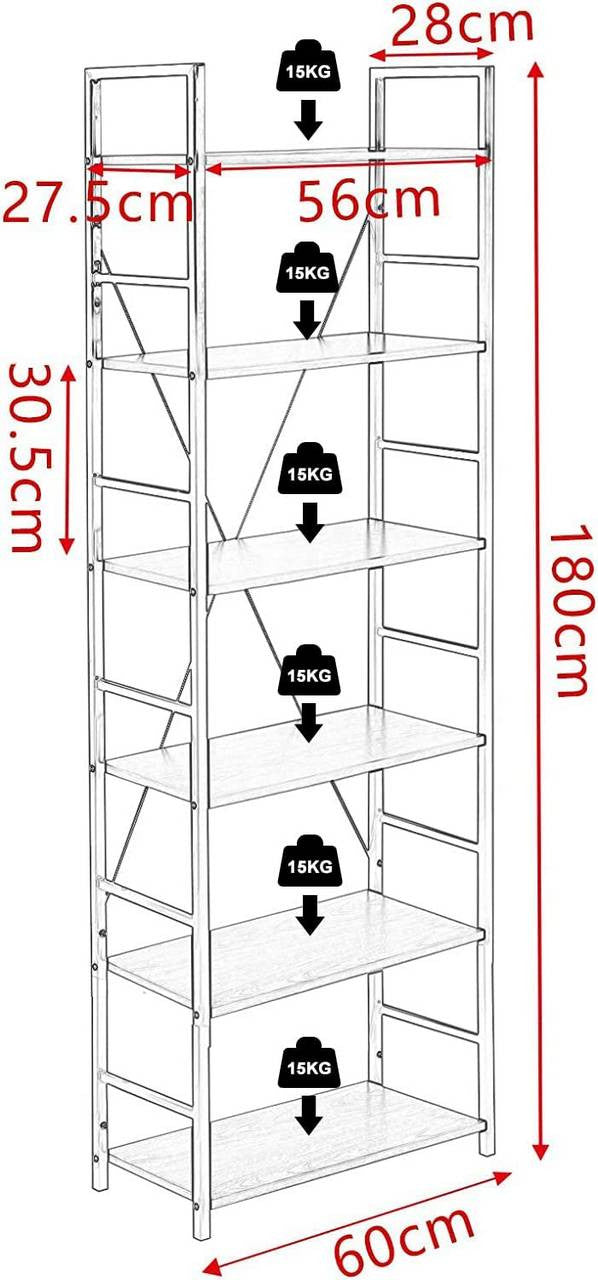 24goodz Standing Shelf - Spacious 6-Tier Design - Durable MDF and Metal - For Home Organization - Black Frame with Oak Shelves - hei
