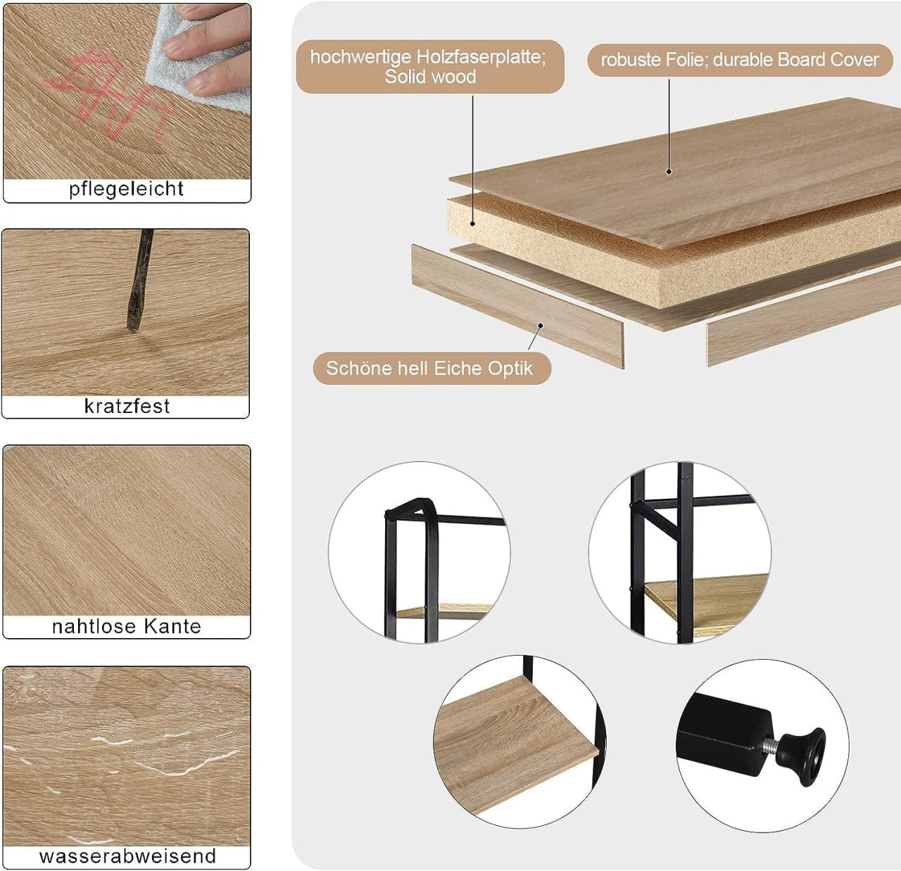 24goodz Standing Shelf with 6 Shelves - Stylish Industrial Design - Sturdy Chipboard and Metal - For Home and Office - Light Oak - hei