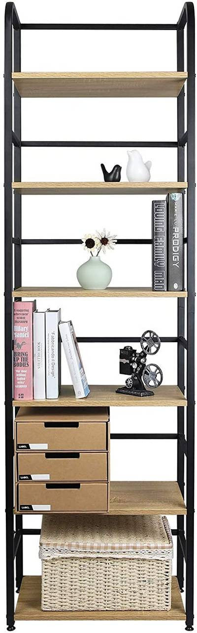 24goodz Standing Shelf with 6 Shelves - Stylish Industrial Design - Sturdy Chipboard and Metal - For Home and Office - Light Oak - hei