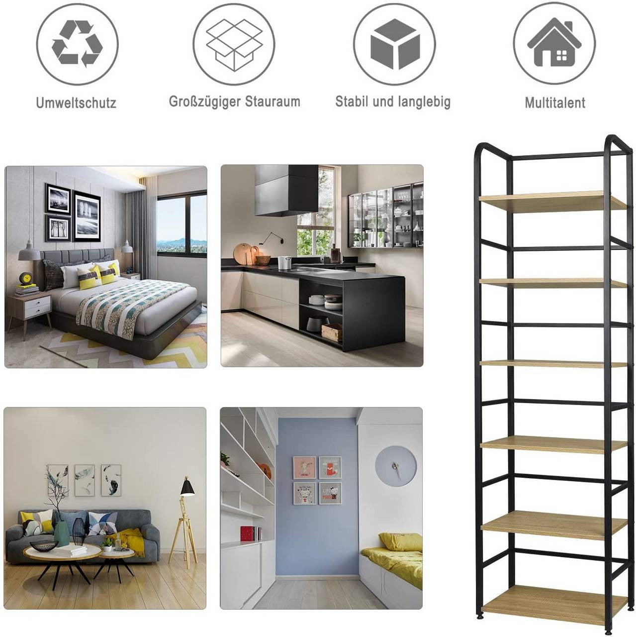 24goodz Standing Shelf with 6 Shelves - Stylish Industrial Design - Sturdy Chipboard and Metal - For Home and Office - Light Oak - hei