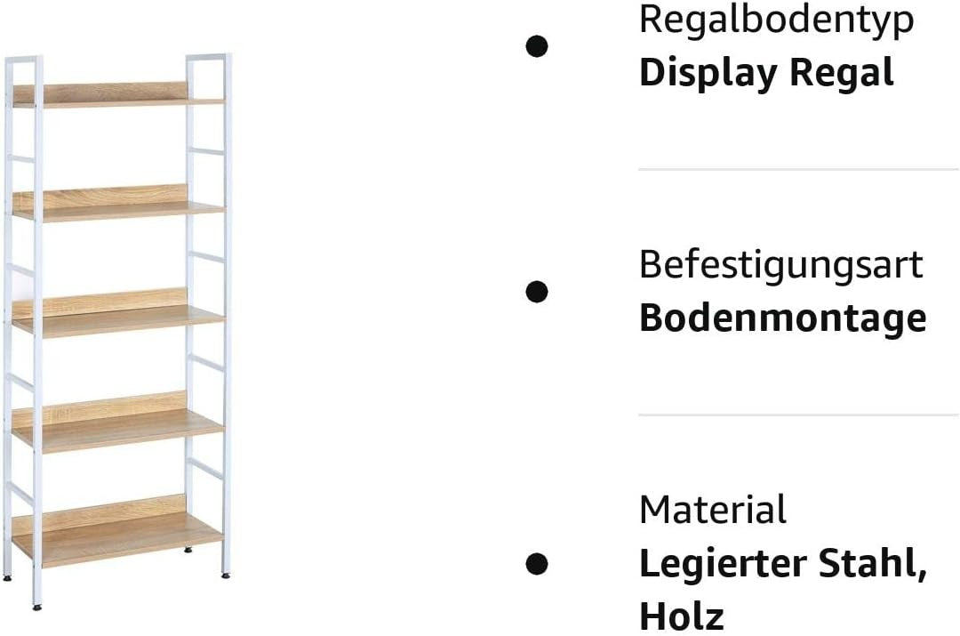 24goodz 5-Tier Storage Shelf - Heavy Duty and Durable - Wood and Steel - For Home Organization - White + Light Oak - 60 x 27.5 x 160 cm - hei