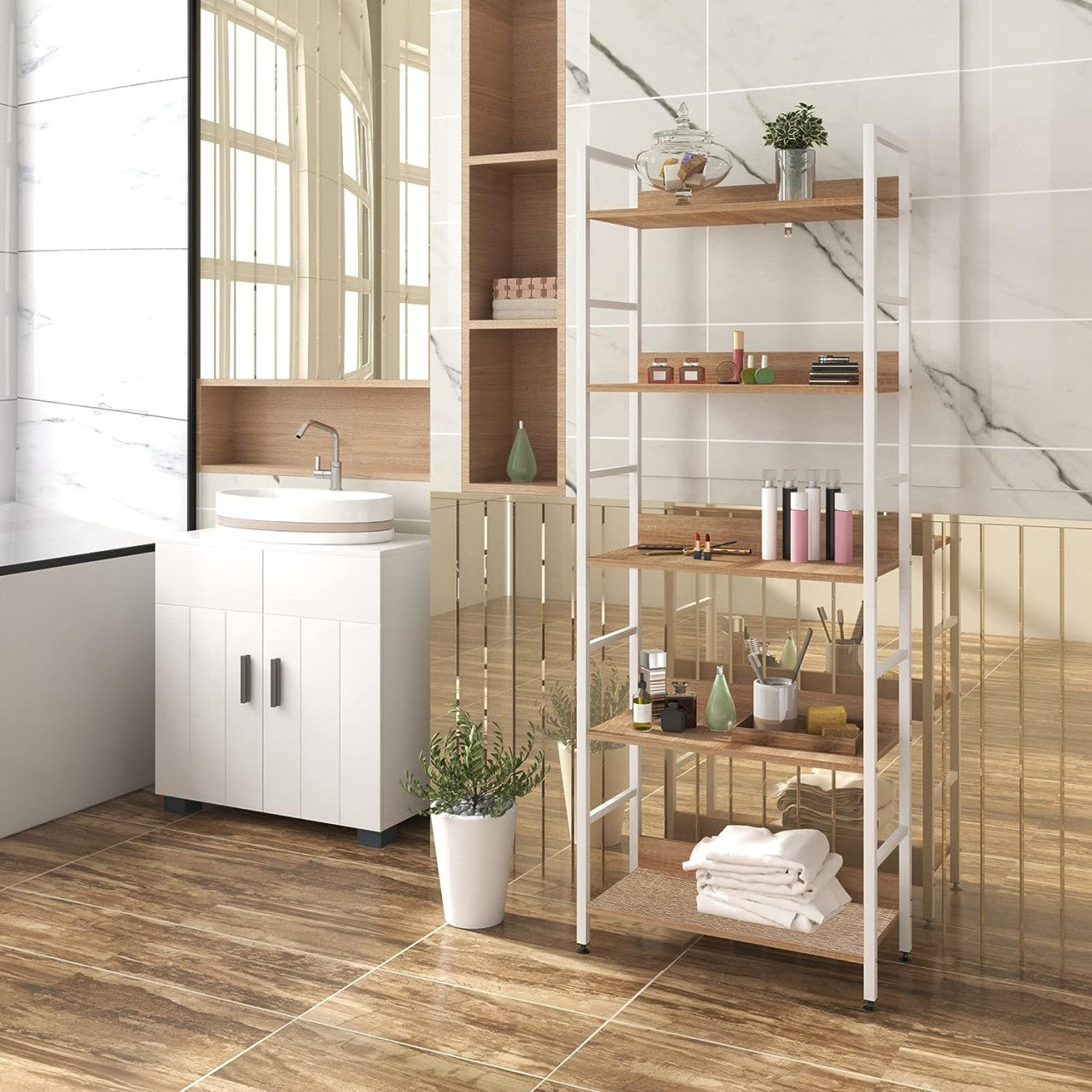 24goodz 5-Tier Storage Shelf - Heavy Duty and Durable - Wood and Steel - For Home Organization - White + Light Oak - 60 x 27.5 x 160 cm - hei