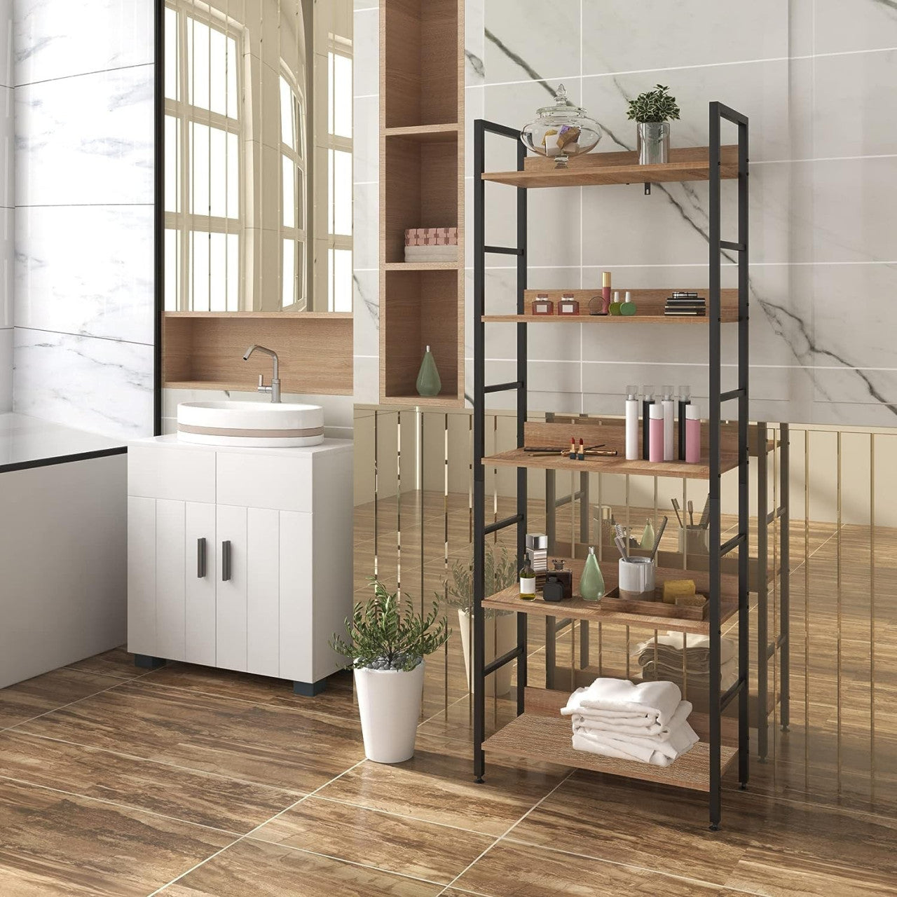 24goodz 5-Tier Storage Shelf - Heavy Duty Design - Multi-Functional - Wood and Steel - For Home Organization - White + Light Oak