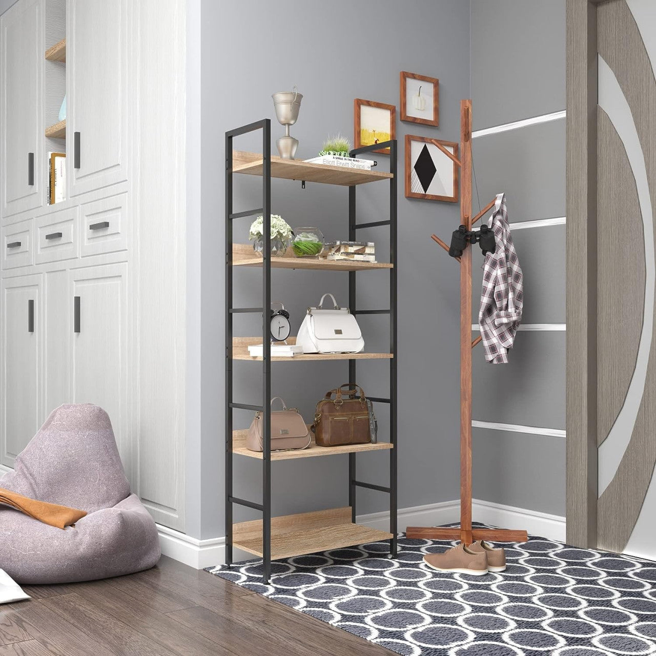24goodz 5-Tier Storage Shelf - Heavy Duty Design - Multi-Functional - Wood and Steel - For Home Organization - White + Light Oak