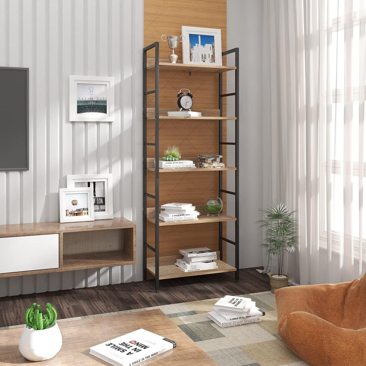 24goodz 5-Tier Storage Shelf - Heavy Duty Design - Multi-Functional - Wood and Steel - For Home Organization - White + Light Oak