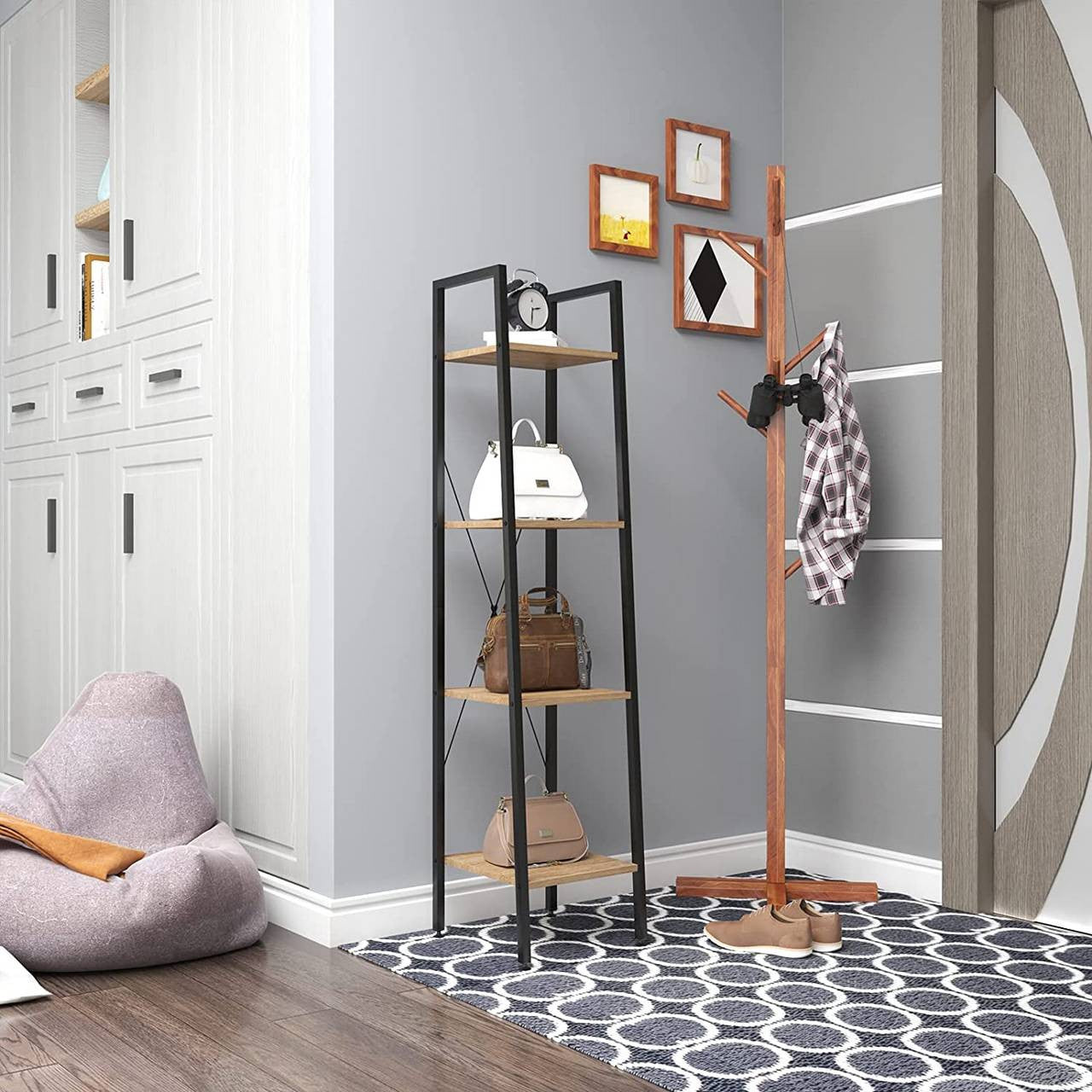 24goodz Standing Shelf in Metal & Wood - Sturdy and Stylish Design - Metal + Wood - For Every Room - Black + Light Oak - hei