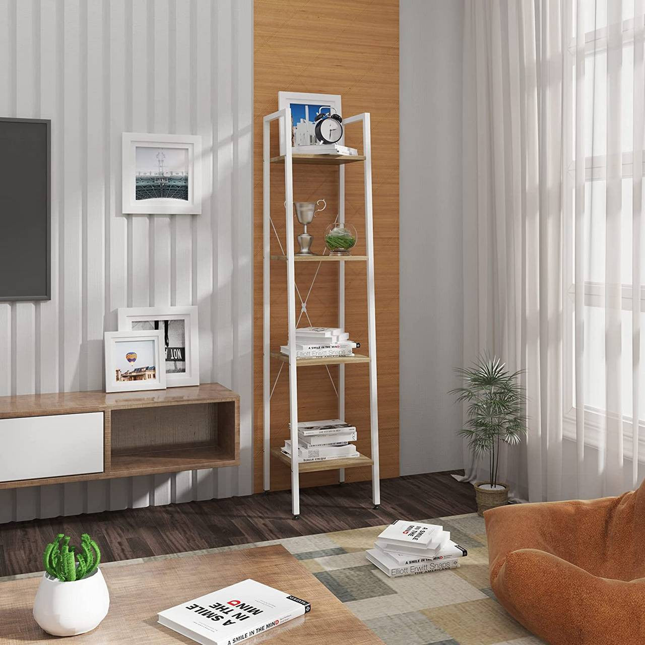 24goodz 4-Tier Standing Shelf - Modern Design - Easy to Assemble - Wood and Metal - For Every Room - White + Light Oak - whe