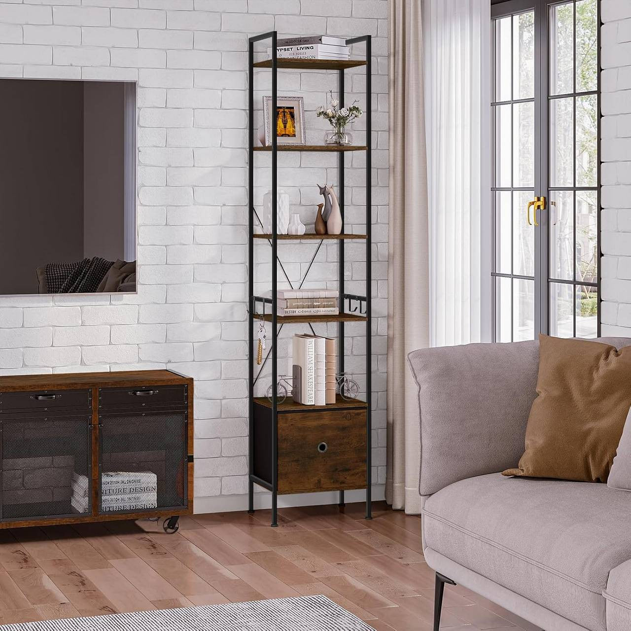 24goodz Standing Shelf with 5 Shelves and 1 Drawer - Ample Storage Space - Durable Melamine and Metal - For Home and Office - Rustic Brown