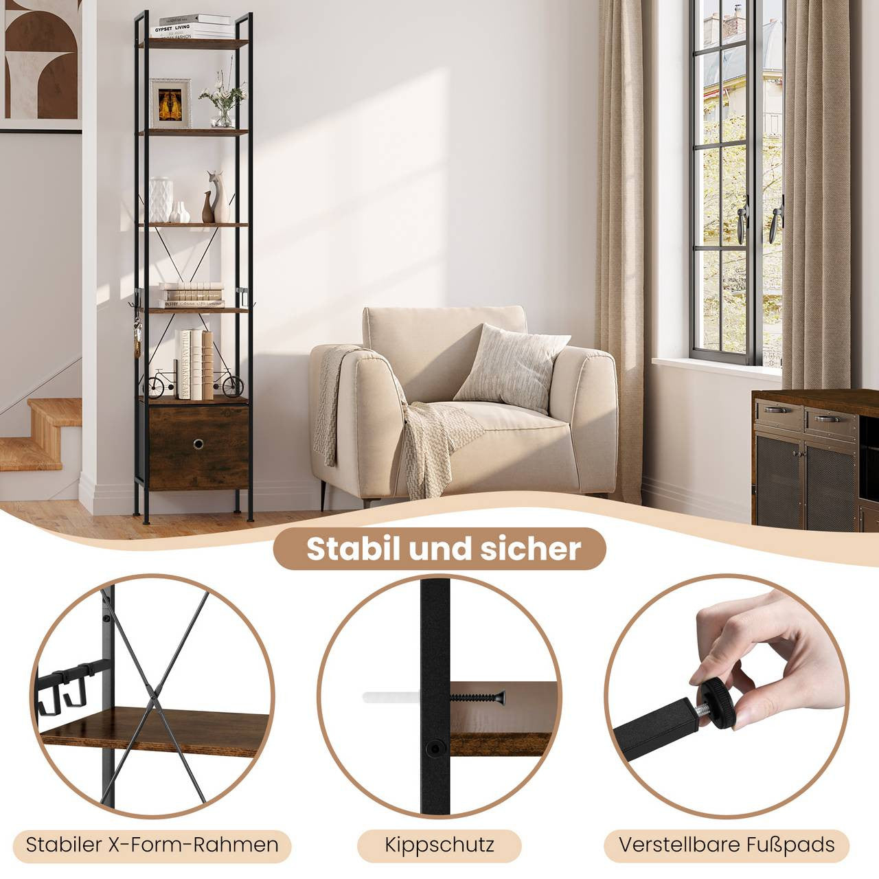 24goodz Standing Shelf with 5 Shelves and 1 Drawer - Ample Storage Space - Durable Melamine and Metal - For Home and Office - Rustic Brown