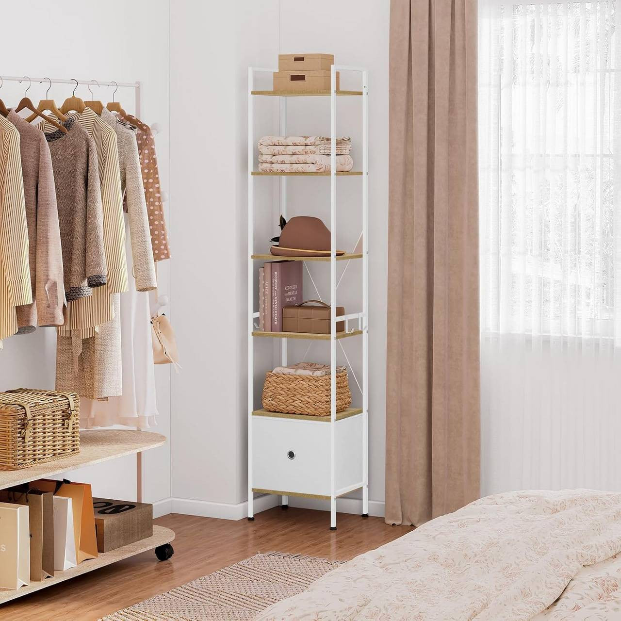 24goodz Standing Shelf with 5 Shelves and 1 Drawer - Ample Storage Space - Sturdy Metal Frame - Light Oak + White - 40x187x30 cm