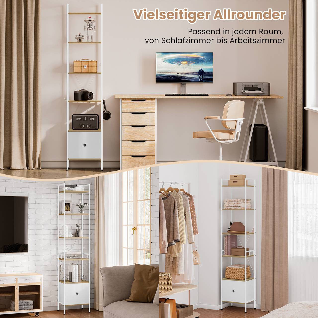 24goodz Standing Shelf with 5 Shelves and 1 Drawer - Ample Storage Space - Sturdy Metal Frame - Light Oak + White - 40x187x30 cm