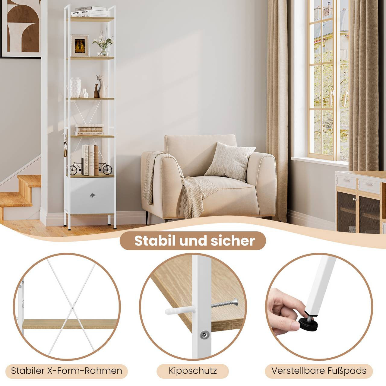 24goodz Standing Shelf with 5 Shelves and 1 Drawer - Ample Storage Space - Sturdy Metal Frame - Light Oak + White - 40x187x30 cm