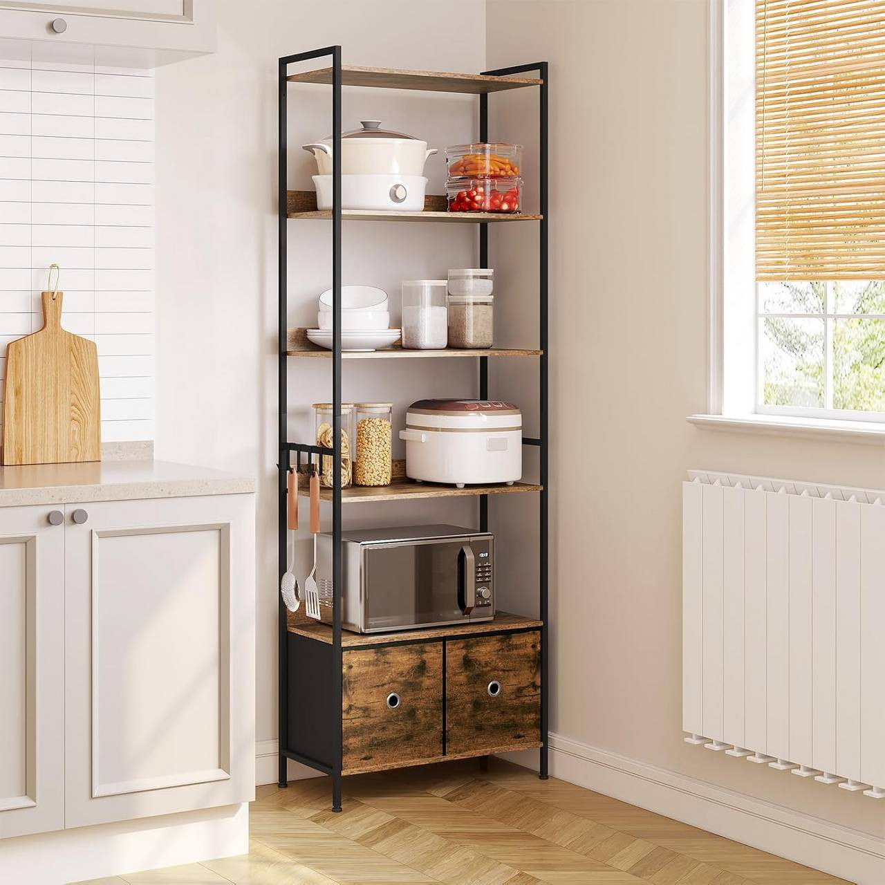 24goodz Standing Bookshelf with 5 Shelves and 2 Drawers - Spacious Storage Solution - E1-Class Wood and Metal Frame - For Home Organization - Rustic Brown + Black