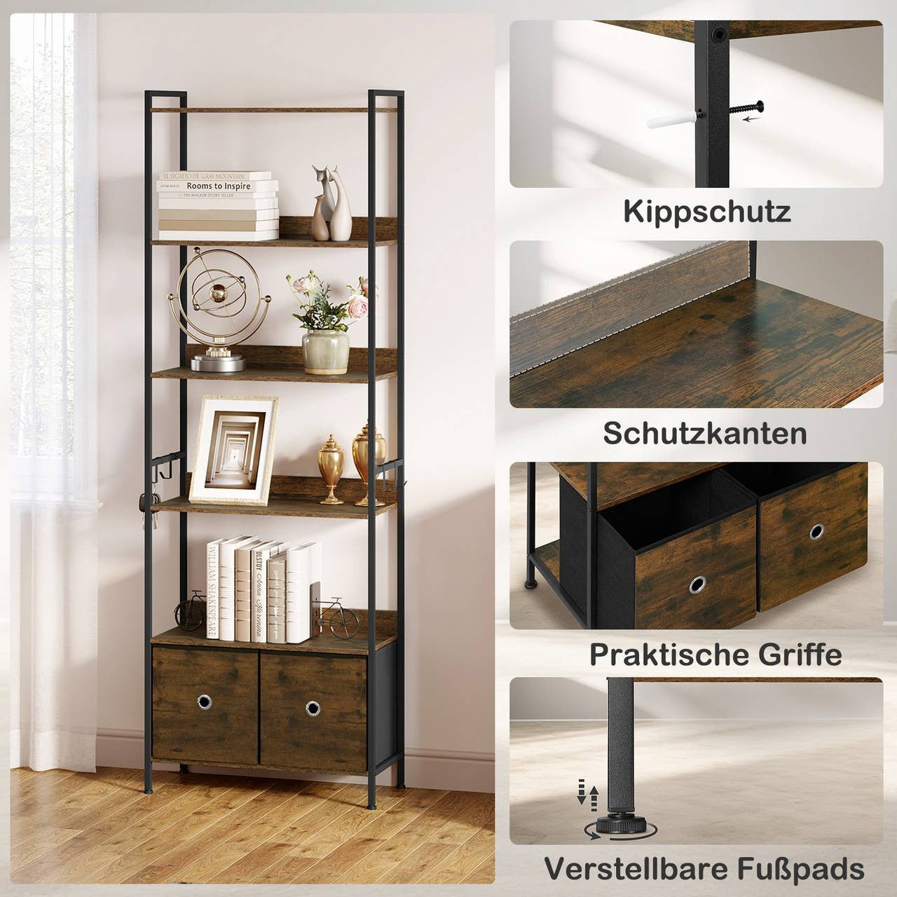 24goodz Standing Bookshelf with 5 Shelves and 2 Drawers - Spacious Storage Solution - E1-Class Wood and Metal Frame - For Home Organization - Rustic Brown + Black