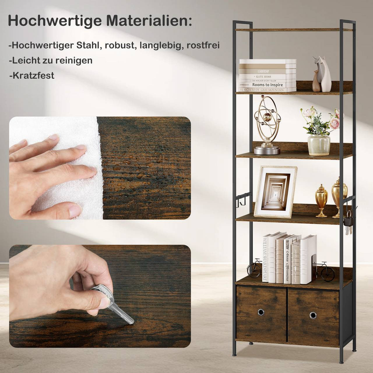 24goodz Standing Bookshelf with 5 Shelves and 2 Drawers - Spacious Storage Solution - E1-Class Wood and Metal Frame - For Home Organization - Rustic Brown + Black