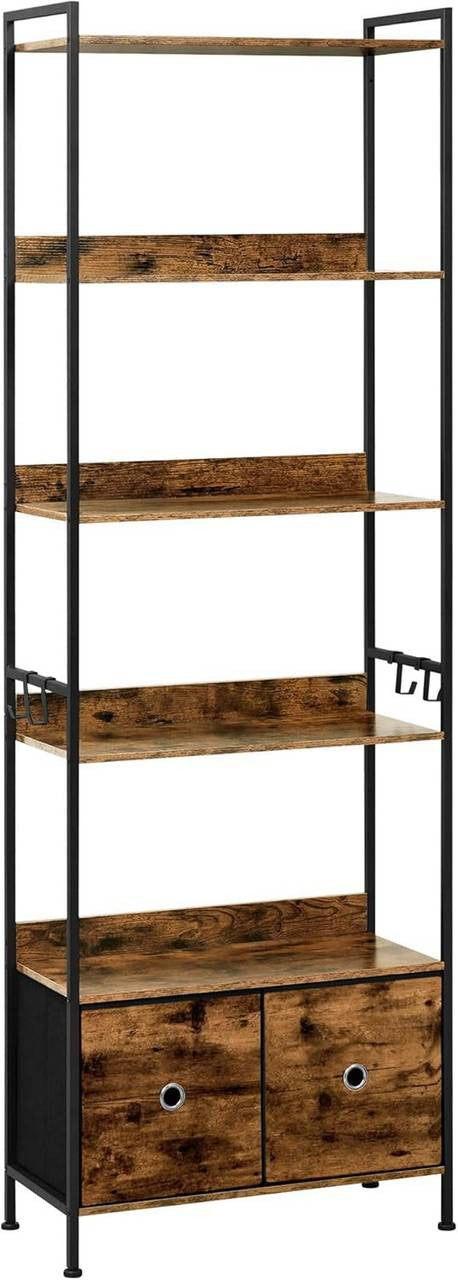 24goodz Standing Bookshelf with 5 Shelves and 2 Drawers - Spacious Storage Solution - E1-Class Wood and Metal Frame - For Home Organization - Rustic Brown + Black